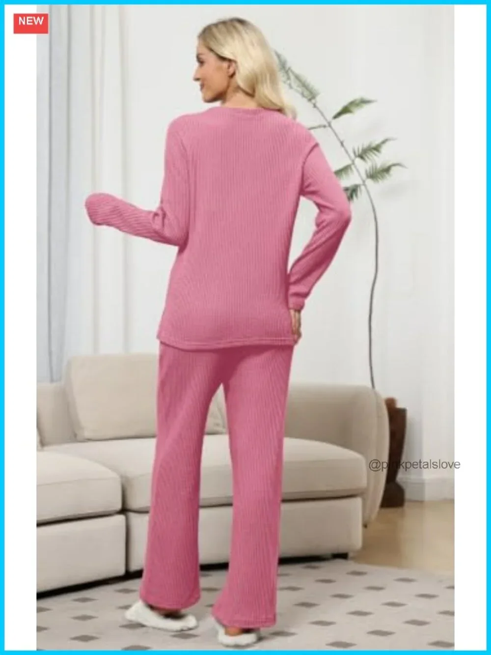 Waffle Knit Pajama Set Long Sleeve Crew Neck Lounge Two Piece with Pockets